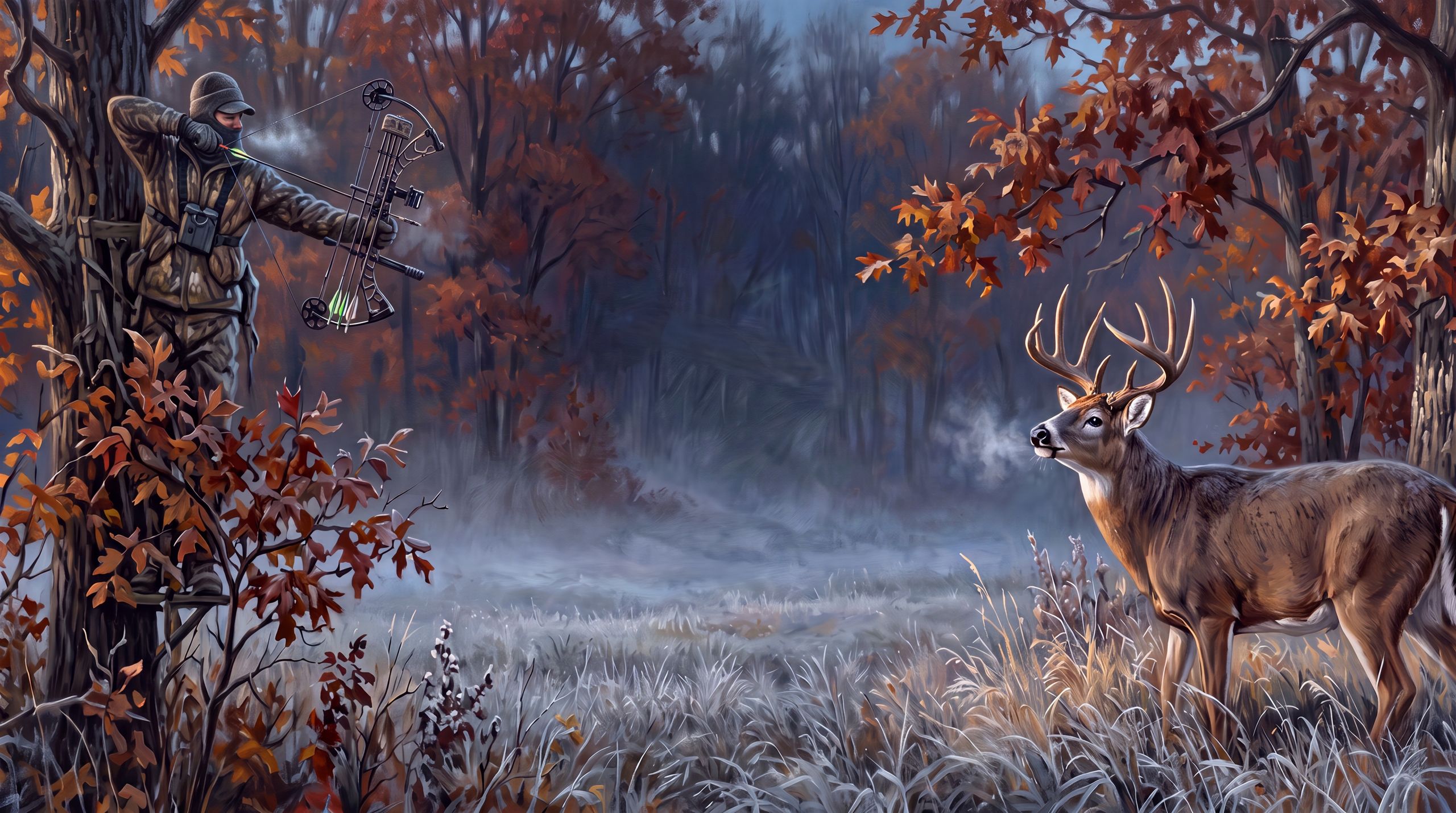 A bowhunter drawing on a whitetail buck in a misty autumn forest